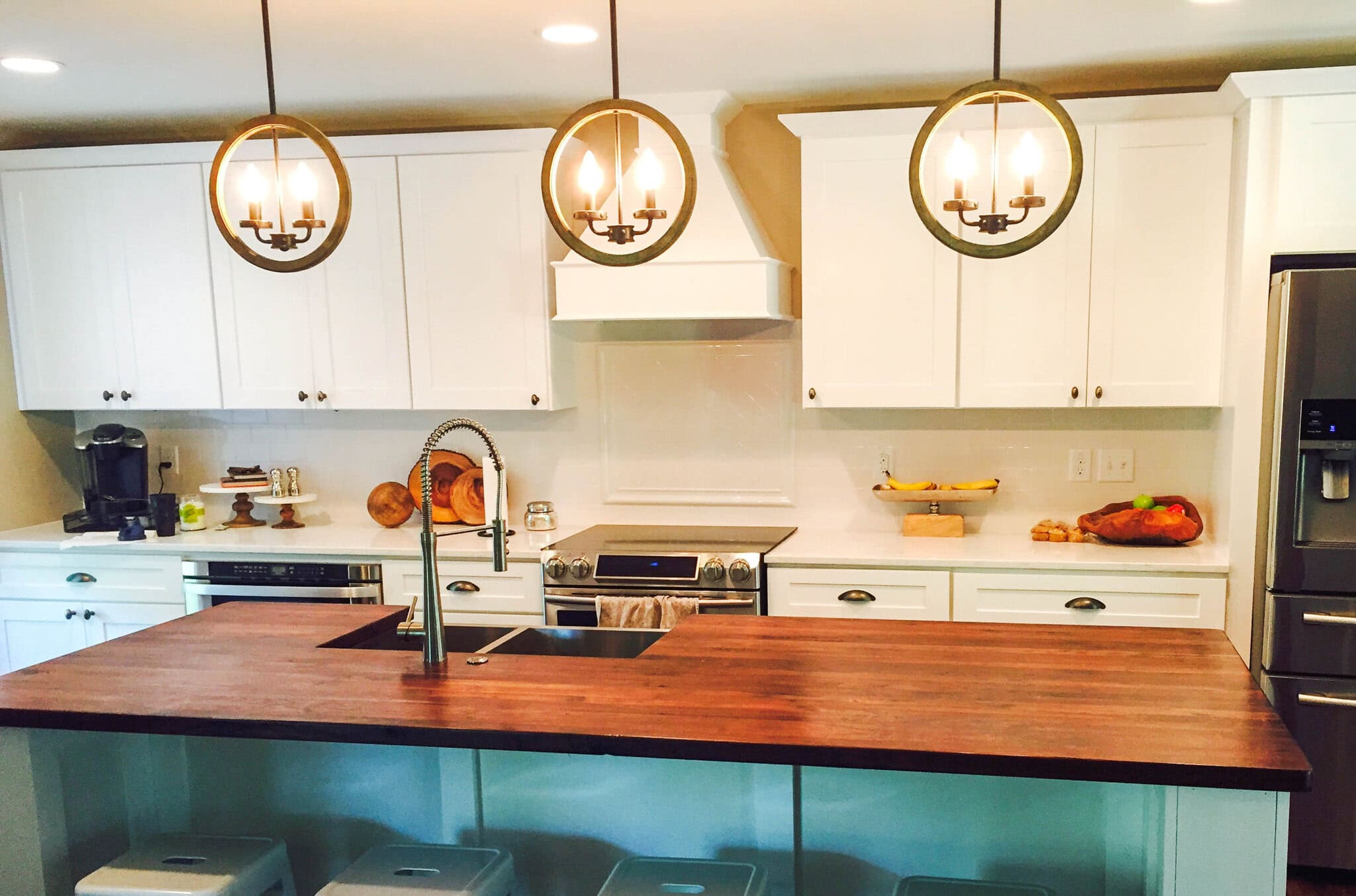 Walnut butcher block countertop on a kitchen island