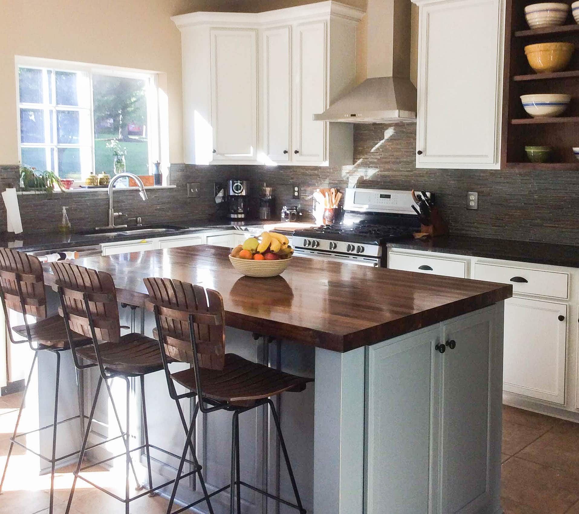 Walnut butcher block island countertop with conversion varnish finish